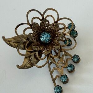 Vintage Floral Brass Brooch with Blue Accents